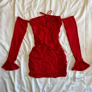 Red mini bodycon dress with ruffled sleeves and tie neck #glamour #valentinesfit